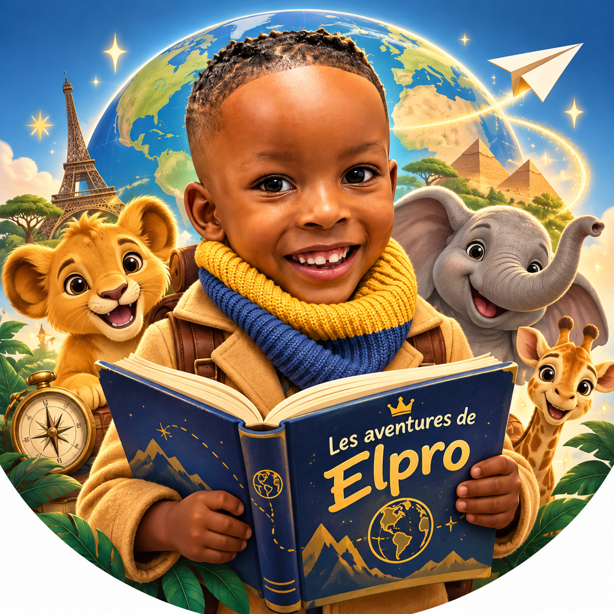 Portrait d'Elpro entouré d'animaux de la savane, tenant son livre d'aventures