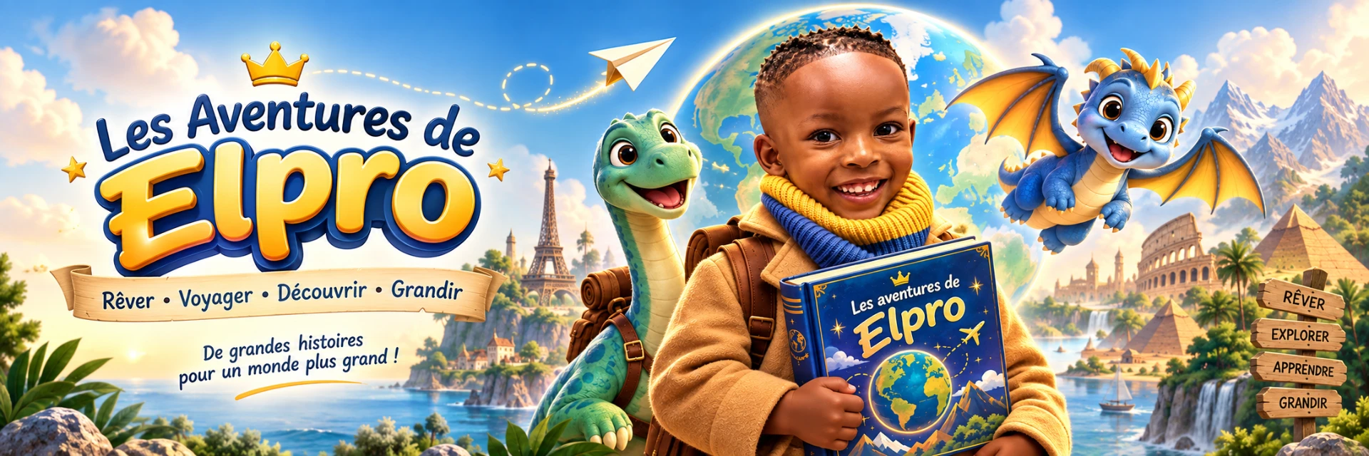 Les aventures de Elpro : un petit garçon voyageur, son livre, un dinosaure et un dragon devant la planète